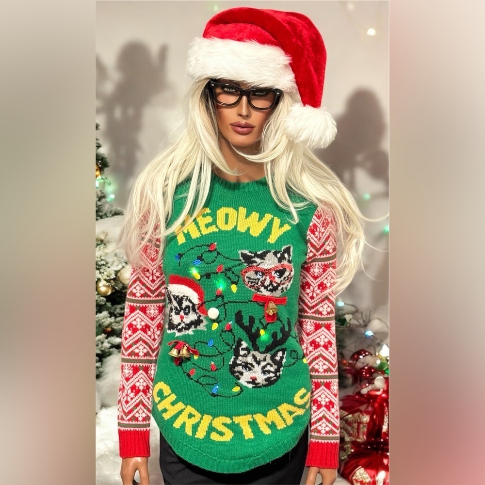 Ugly Christmas Sweater Meowy Christmas Lights Bells Sequins Hipster XS